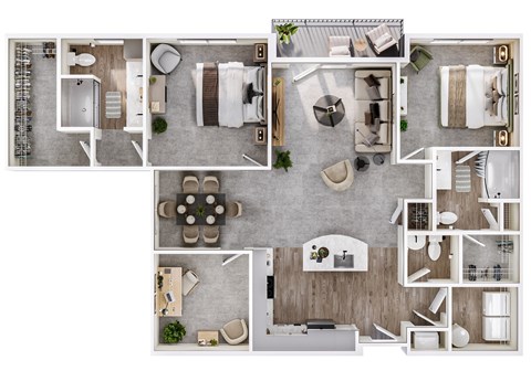 A top-down view of a house layout with a kitchen, living room, dining room, and bedrooms.